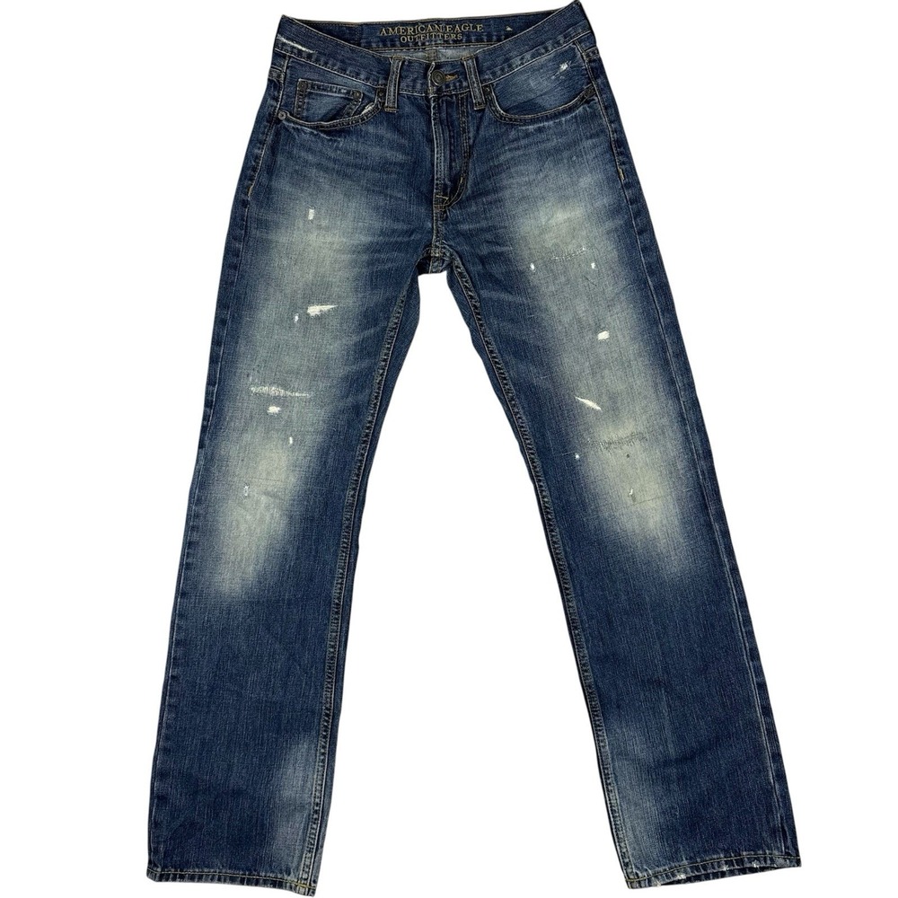 American Eagle Mens Jeans Blue Original Straight Ripped Grunge Distress Sz 29x32